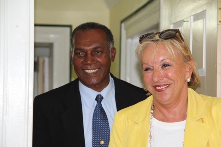 Premier of Nevis and Ambassador of the United Kingdom of Belgium to St. Kitts and Nevis Her Excellency Mrs. Godelieve Van den Bergh at his office at Bath Hotel, Bath Plain